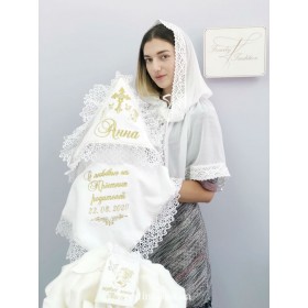 Крыжма для девочки "Белые завитки" + мешочек + палантин